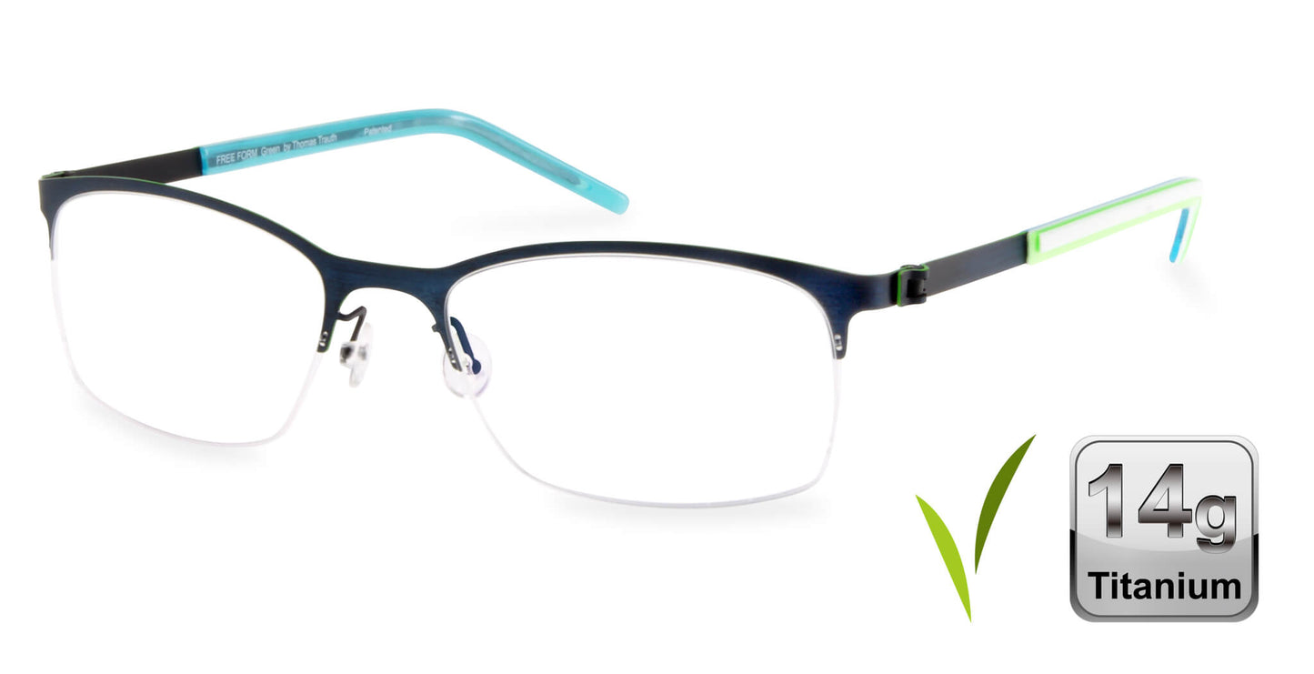 Free Form Eyewear™ FFA916 green half-frame titanium glasses with blue temples, 14g lightweight luxury German design for men and women. Ideal for blue light protection and strong prescriptions.