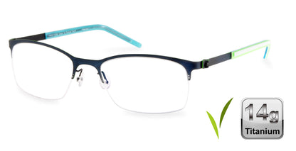 Free Form Eyewear™ FFA916 green half-frame titanium glasses with blue temples, 14g lightweight luxury German design for men and women. Ideal for blue light protection and strong prescriptions.