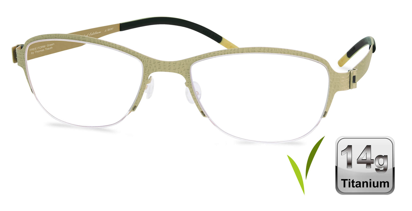 Free Form Eyewear™ FFA938 green half-frame titanium glasses with 14g ultra-lightweight design and screwless hinges for men and women. Luxury German-engineered eyeglass frame ideal for strong prescriptions and all-day comfort.