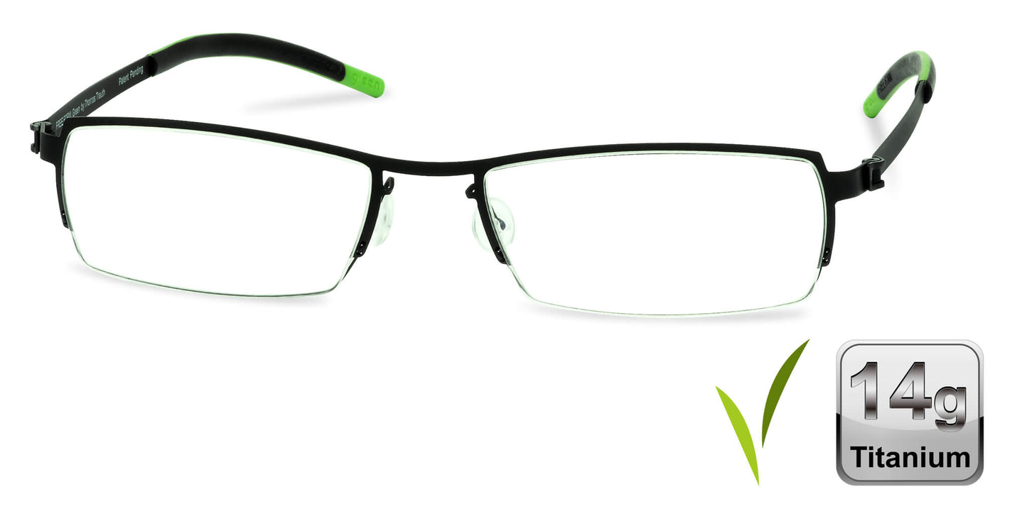 Free Form Eyewear™ FFA910 green half-frame titanium glasses for men and women. Ultra-light 14g German design with screwless hinges for all-day comfort.