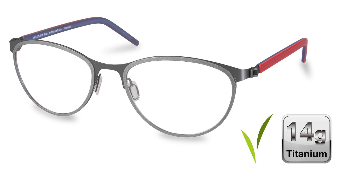 Free Form Eyewear™ FFA975 titanium eyeglasses in green full frame with red and blue temples, 14g lightweight German design for men and women.