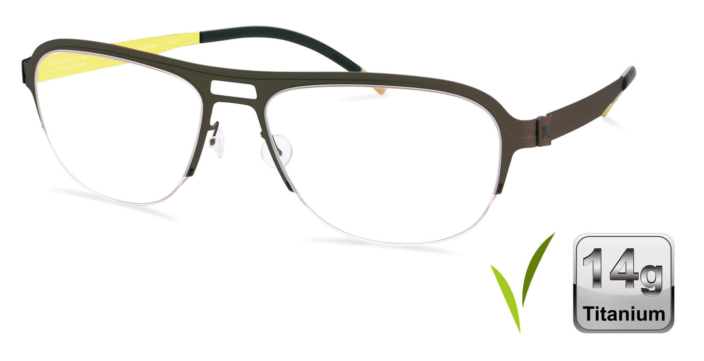Free Form Eyewear™ Model FFA934 green half-frame titanium glasses with 14g ultra-lightweight design and screwless German engineering for men and women.