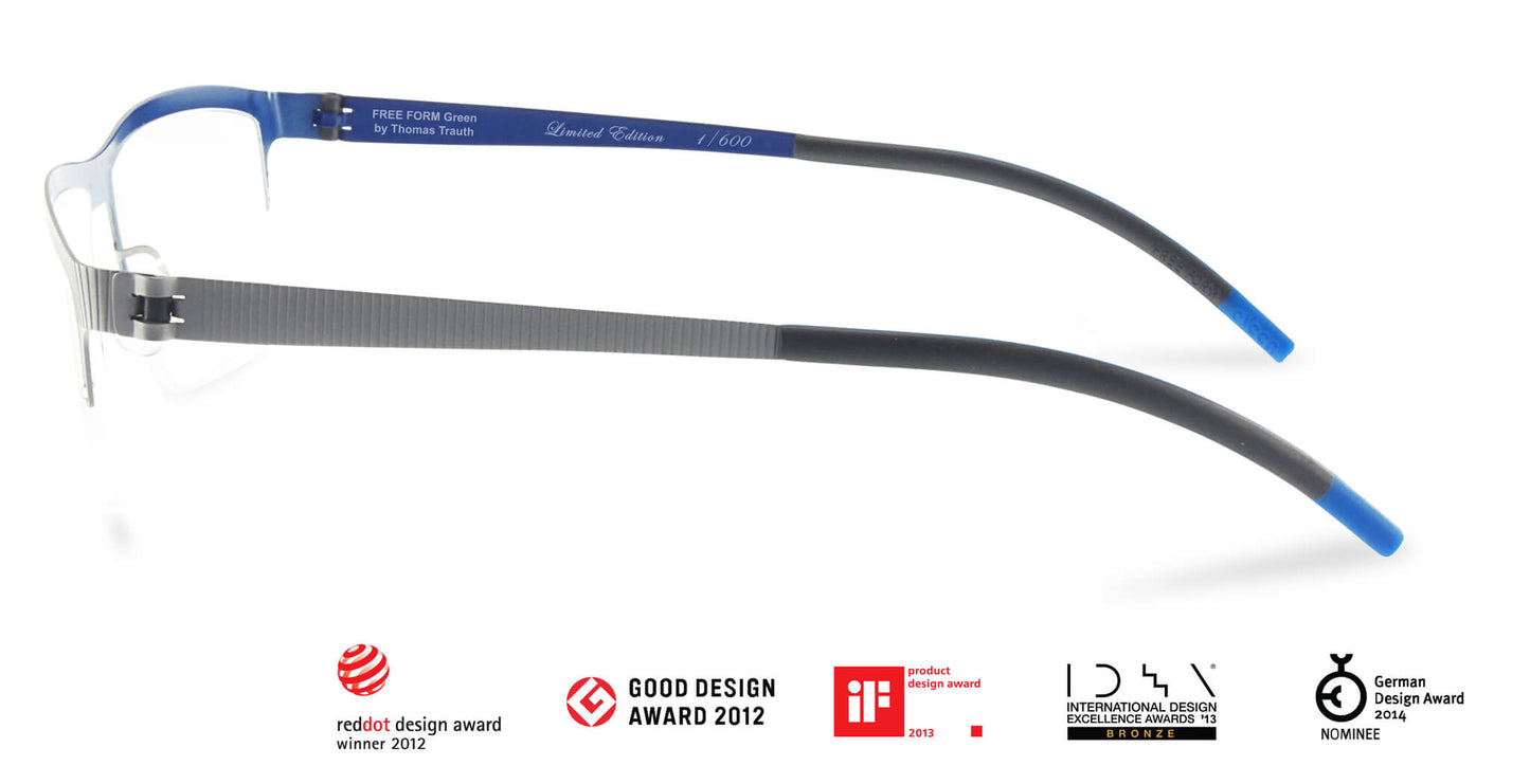 Free Form Eyewear™ Titanium 14g feather-light eyeglasses in green half-frame design with screwless hinge and luxury German engineering.