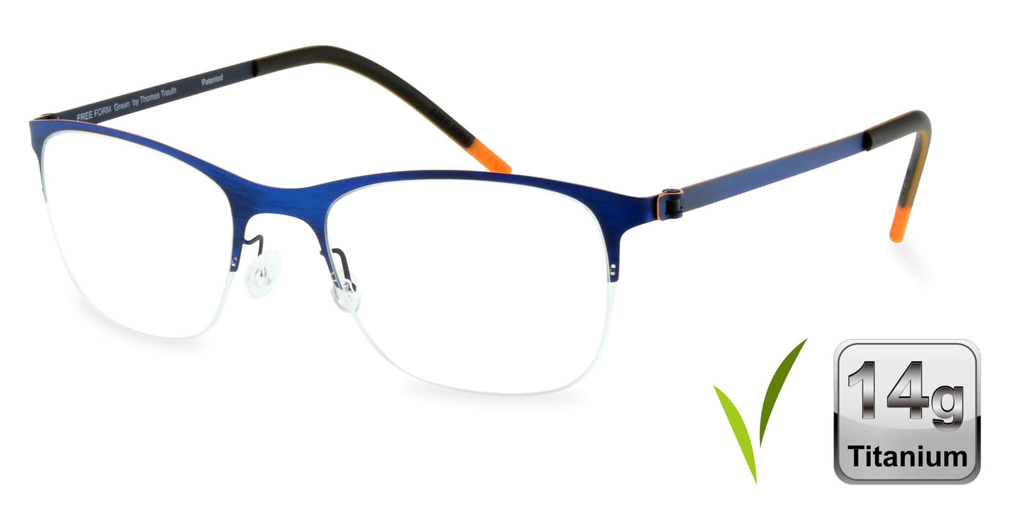 Free Form Eyewear™ FFA918 blue-green half frame titanium glasses, 14g ultra-lightweight with screwless hinges, luxury German design for men and women.