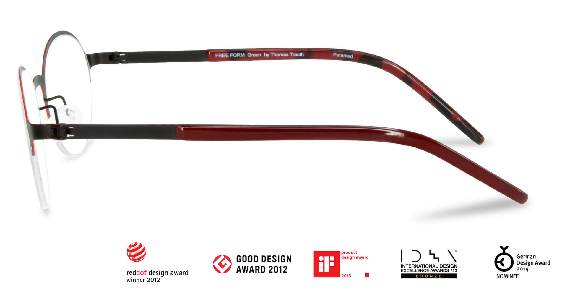 Free Form Eyewear™ Titanium 14g feather-light eyeglasses in green with red temples, half-frame German design, screwless hinge innovation.