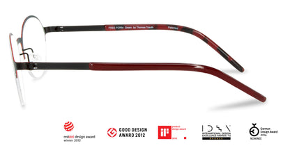 Free Form Eyewear™ Titanium 14g feather-light eyeglasses in green with red temples, half-frame German design, screwless hinge innovation.