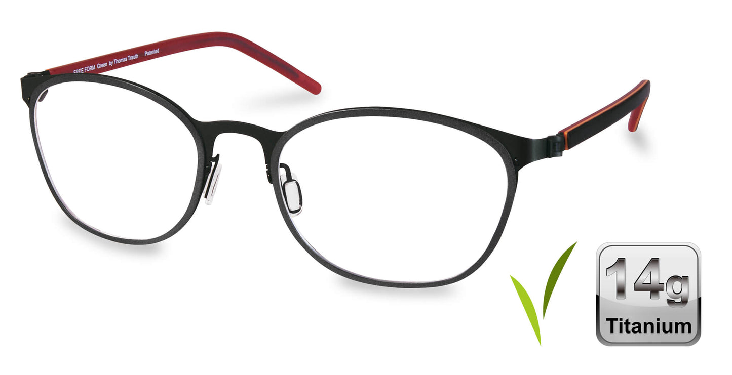 Free Form Eyewear™ FFA976 green full-frame titanium glasses with red temple tips, 14g lightweight German design for men and women. Ideal for blue light protection and strong prescriptions.