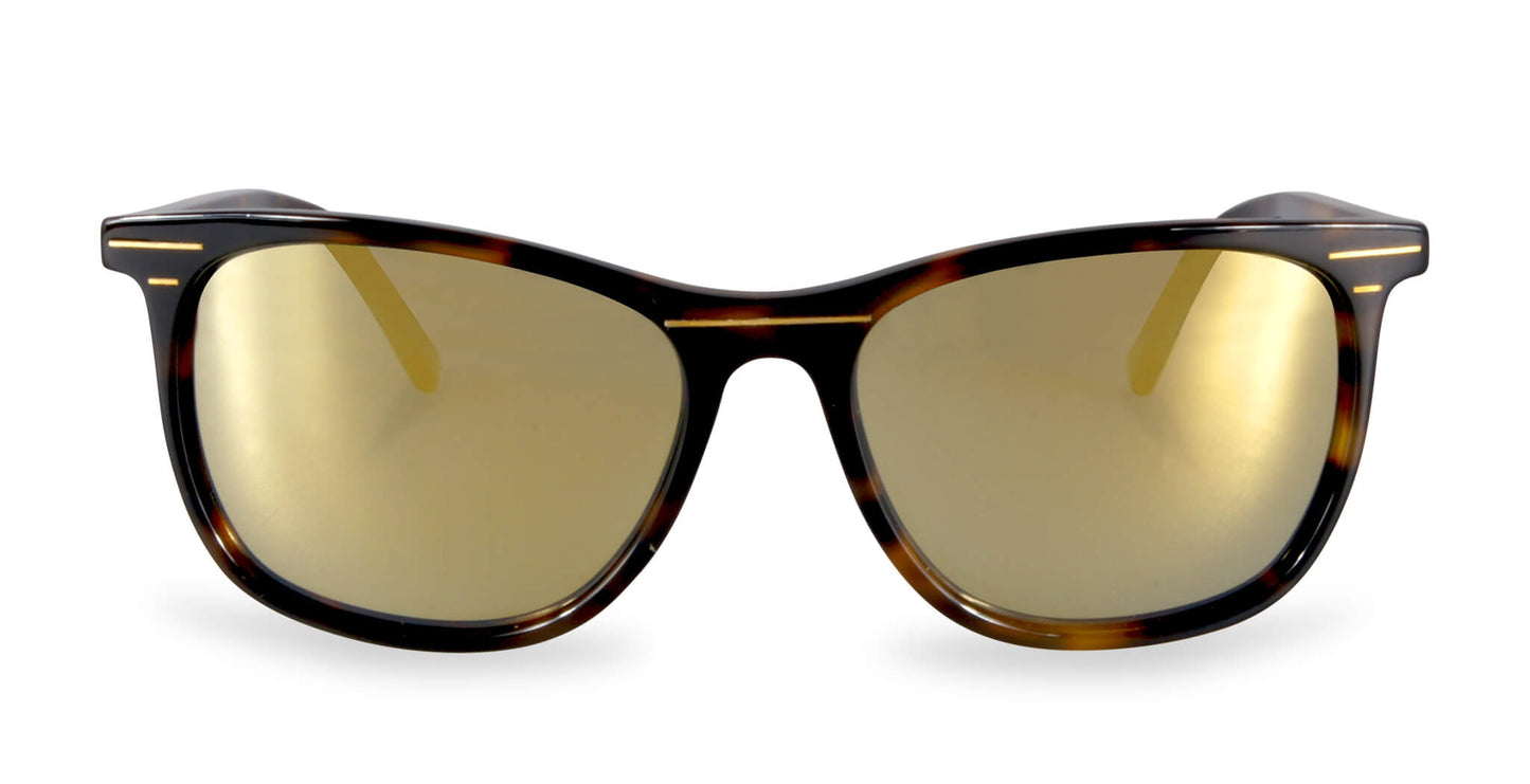 Front view of PROGEAR Urban BI-6008 polarized prescription sunglasses in tortoiseshell with gold lenses. Ideal for sports and casual wear.