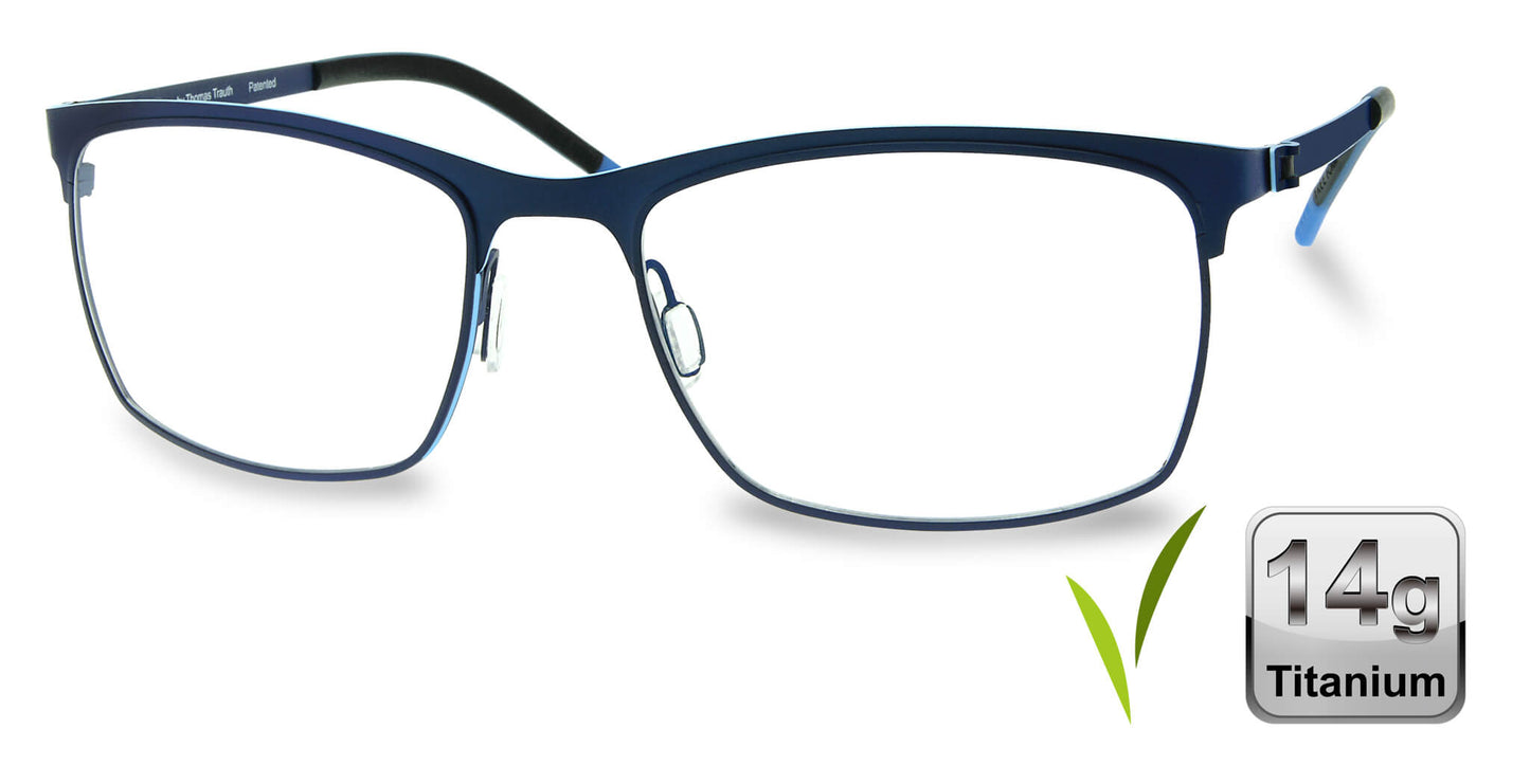 Free Form Eyewear™ Titanium 14g feather-light full frame glasses in matte blue with screwless hinge, luxury German design for men and women. Premium lightweight titanium eyeglasses ideal for strong prescriptions and all-day comfort.