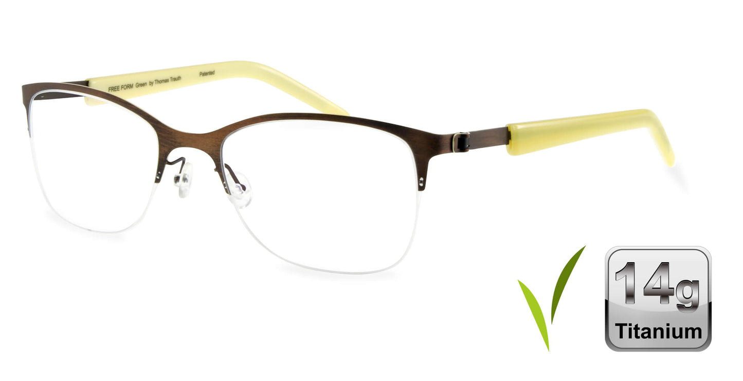 Free Form Eyewear™ FFA914 green half-frame titanium glasses with 14g ultra-lightweight German design, ideal for men and women seeking luxury vision care.