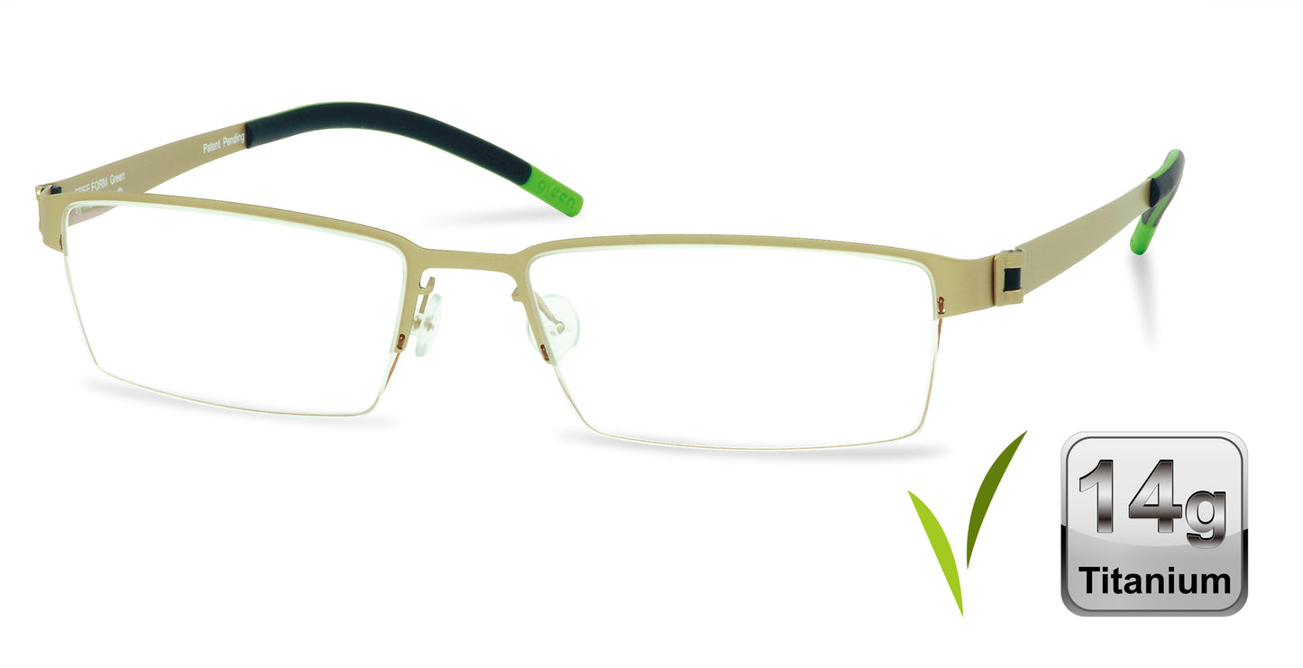 Free Form Eyewear™ FFA901 green half-frame titanium glasses for men and women, featuring 14g ultra-lightweight luxury German design with screwless hinges.