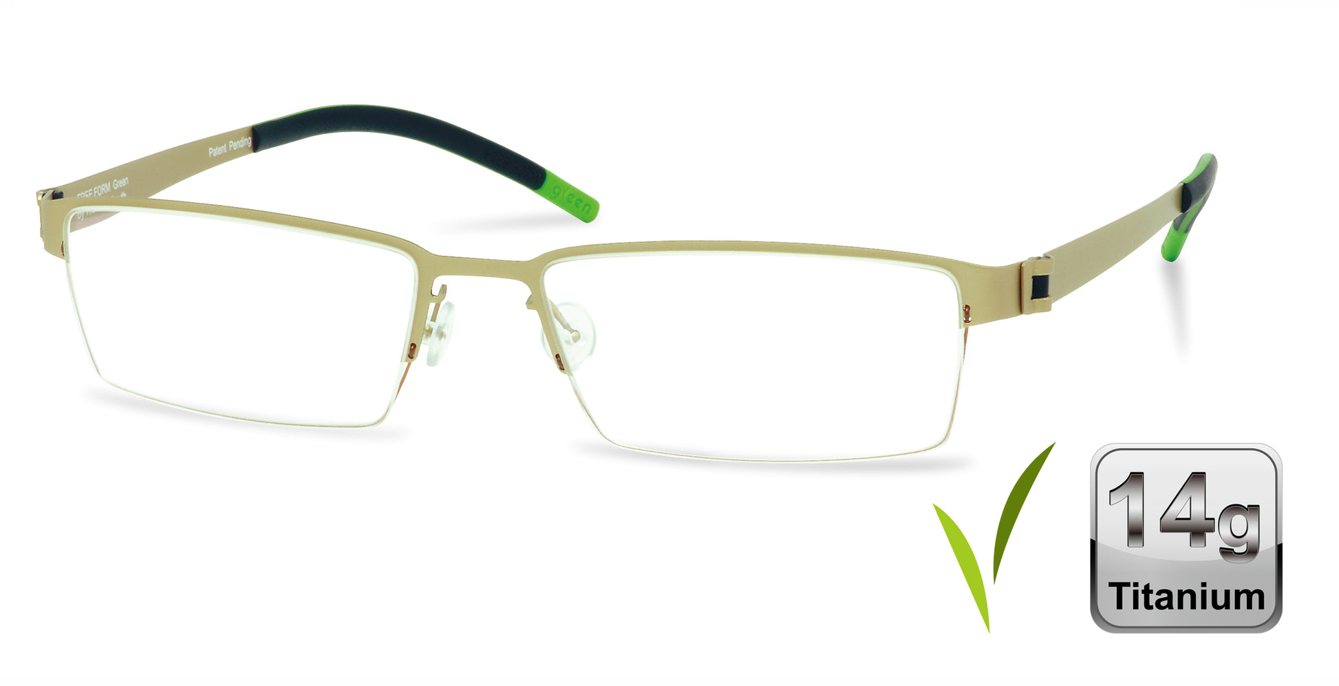 Free Form Eyewear™ FFA901 green half-frame titanium glasses for men and women, featuring 14g ultra-lightweight luxury German design with screwless hinges.