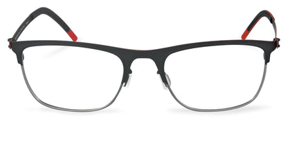 Free Form Eyewear™ Titanium 14g feather-light eyeglasses in green full frame with red temple tips, luxury German design for men and women.
