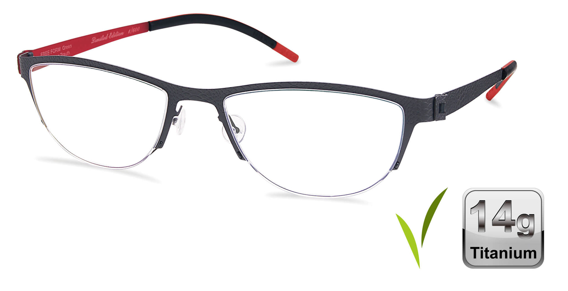 Free Form Eyewear™ FFA935 green titanium half-frame glasses with red temple tips, 14g lightweight German design for men and women. Ideal for blue light protection and strong prescriptions.