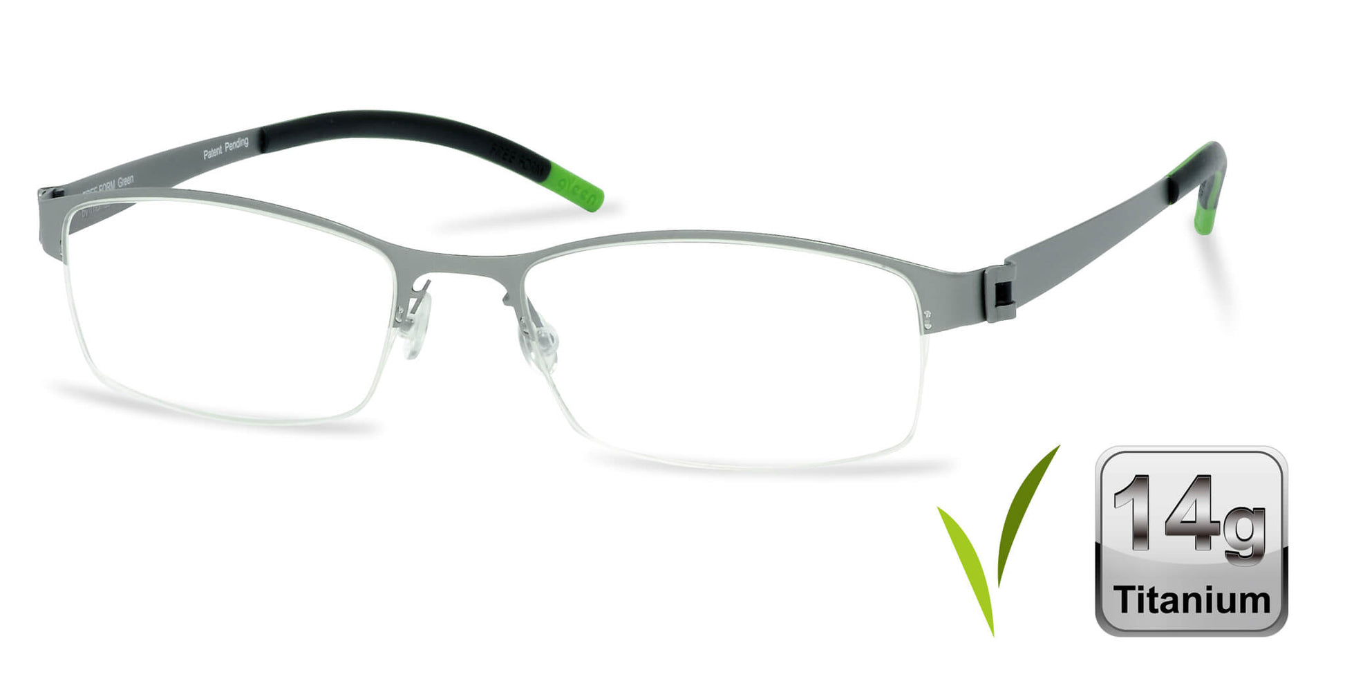 Free Form Eyewear™ FFA906 titanium glasses in green half-frame design, featuring ultra-lightweight 14g screwless German engineering for men and women.