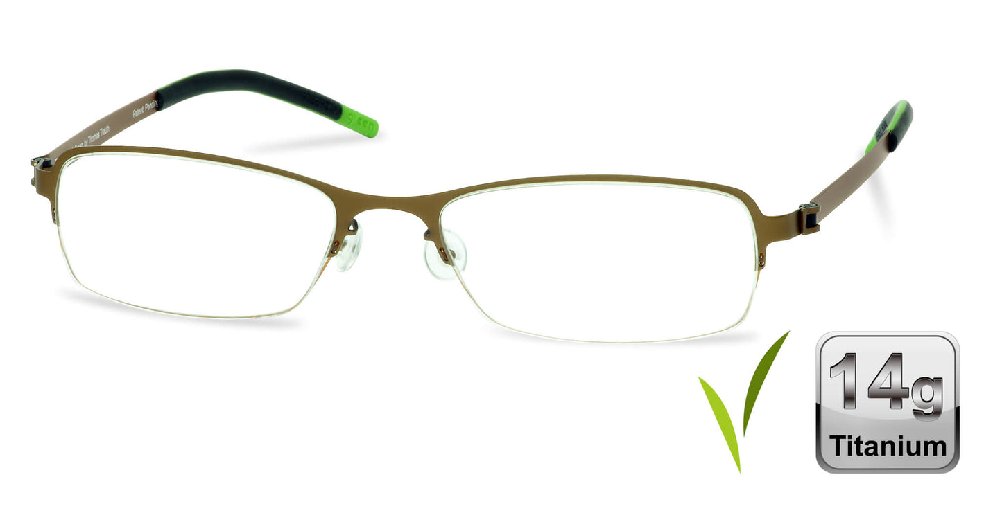 Free Form Eyewear™ FFA909 green half-frame eyeglasses in 14g titanium with luxury German design. Lightweight, screwless, and ideal for men or women.