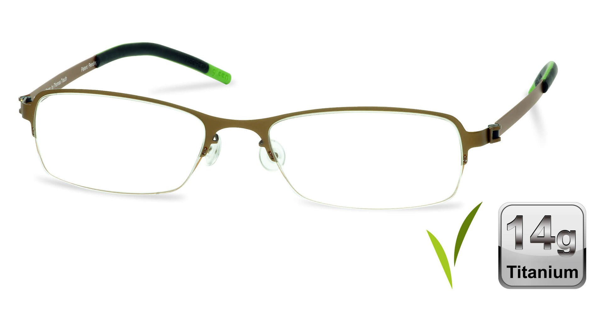 Free Form Eyewear™ FFA909 green half-frame eyeglasses in 14g titanium with luxury German design. Lightweight, screwless, and ideal for men or women.