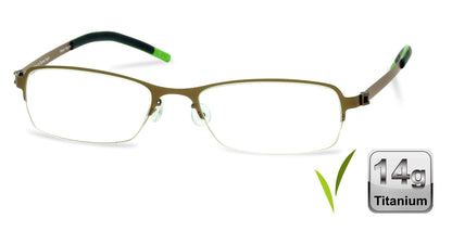 Free Form Eyewear™ FFA909 green half-frame eyeglasses in 14g titanium with luxury German design. Lightweight, screwless, and ideal for men or women.