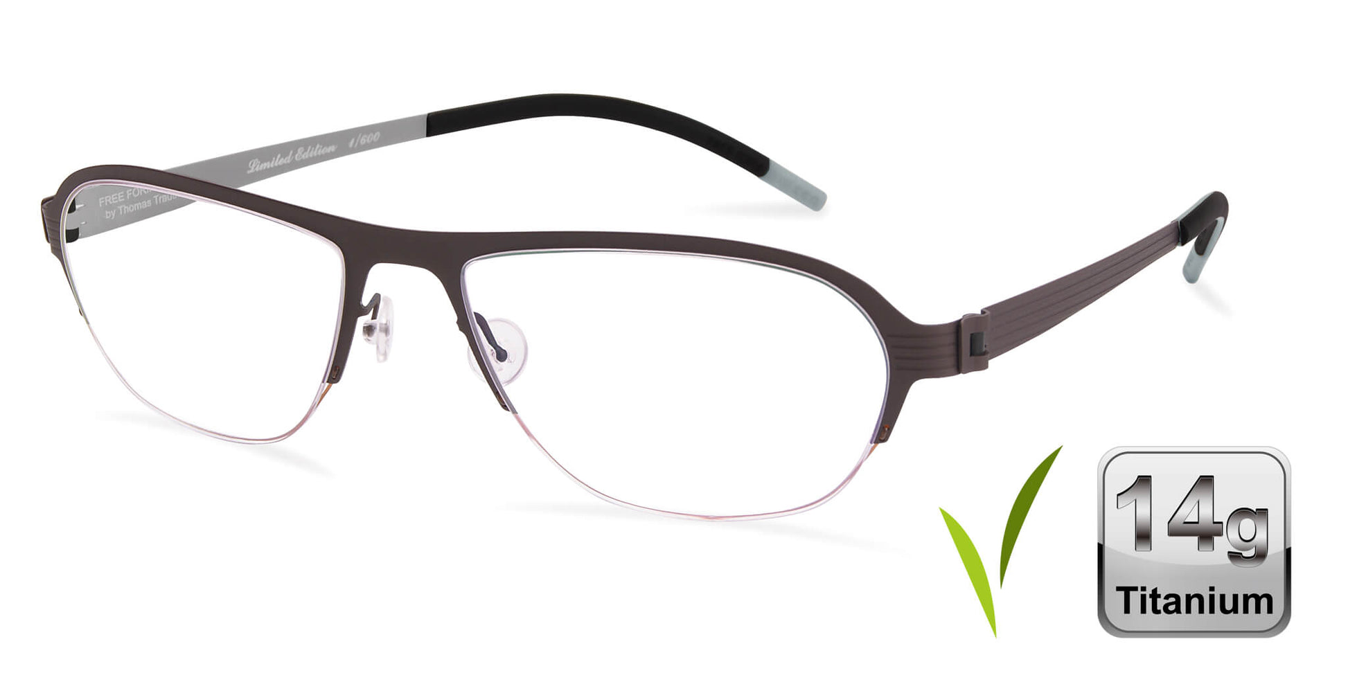 Free Form Eyewear™ Model FFA931 half-frame titanium eyeglasses in green with 14g ultra-lightweight German design for men and women. Ideal for blue light protection and strong prescriptions.