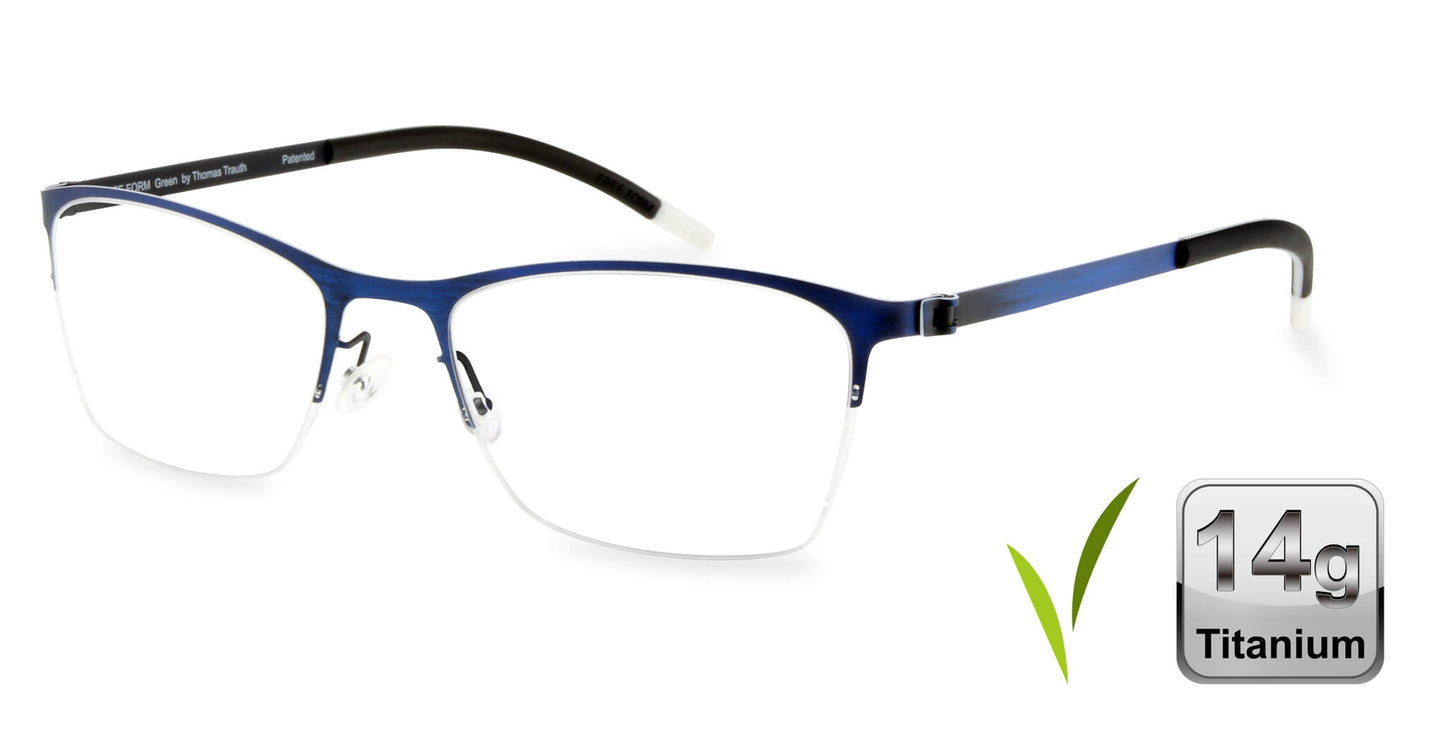 Free Form Eyewear™ FFA917 half-frame eyeglasses in blue with 14g titanium frame, featuring luxury German design and screwless hinges for lightweight comfort.