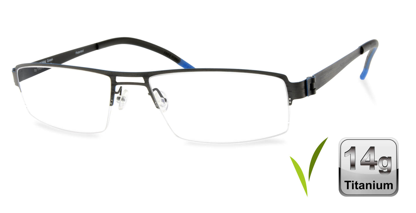 Free Form Eyewear™ FFA903 green half-frame titanium glasses with blue temple tips, 14g ultra-lightweight luxury German design for men and women.