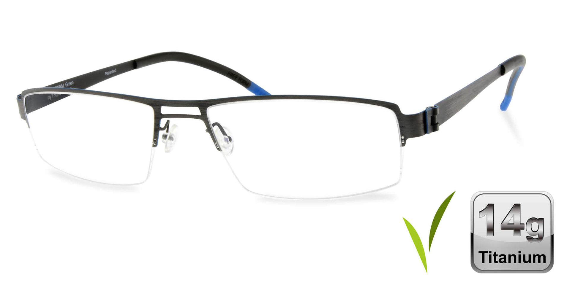 Free Form Eyewear™ FFA903 green half-frame titanium glasses with blue temple tips, 14g ultra-lightweight luxury German design for men and women.
