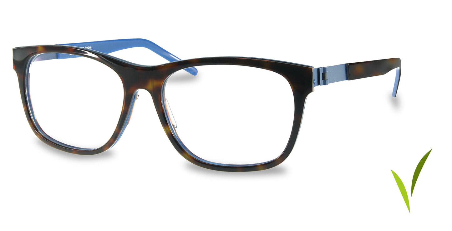 Free Form Eyewear™ Titanium FFA984 in tortoiseshell and blue, full-rim unisex eyeglasses with feather-light 14g German design and screwless hinges.