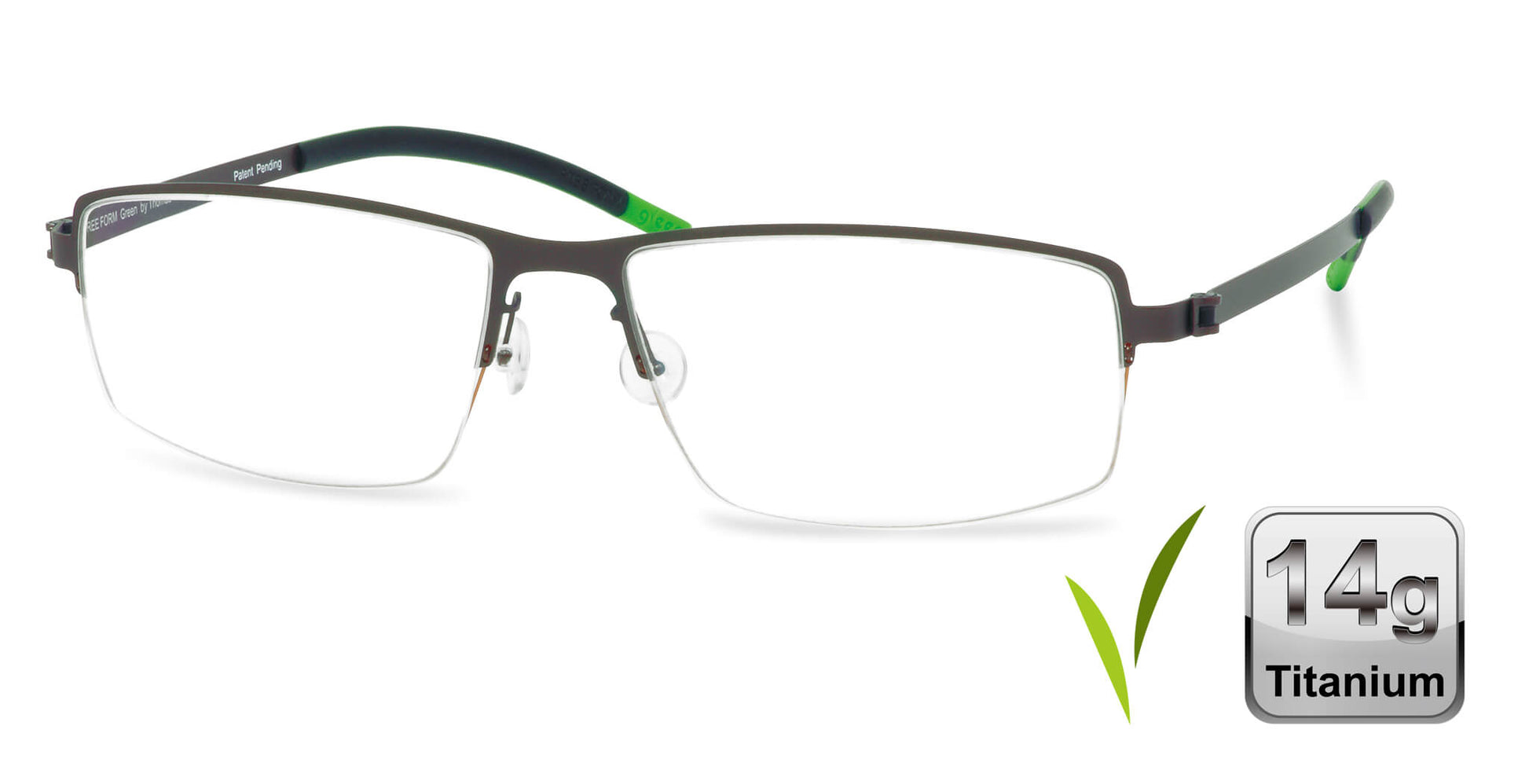 Free Form Eyewear™ FFA902 half-frame green titanium glasses with 14g ultra-lightweight design and screwless hinges for men and women. Luxury German-engineered eyeglasses ideal for blue light protection and strong prescriptions.