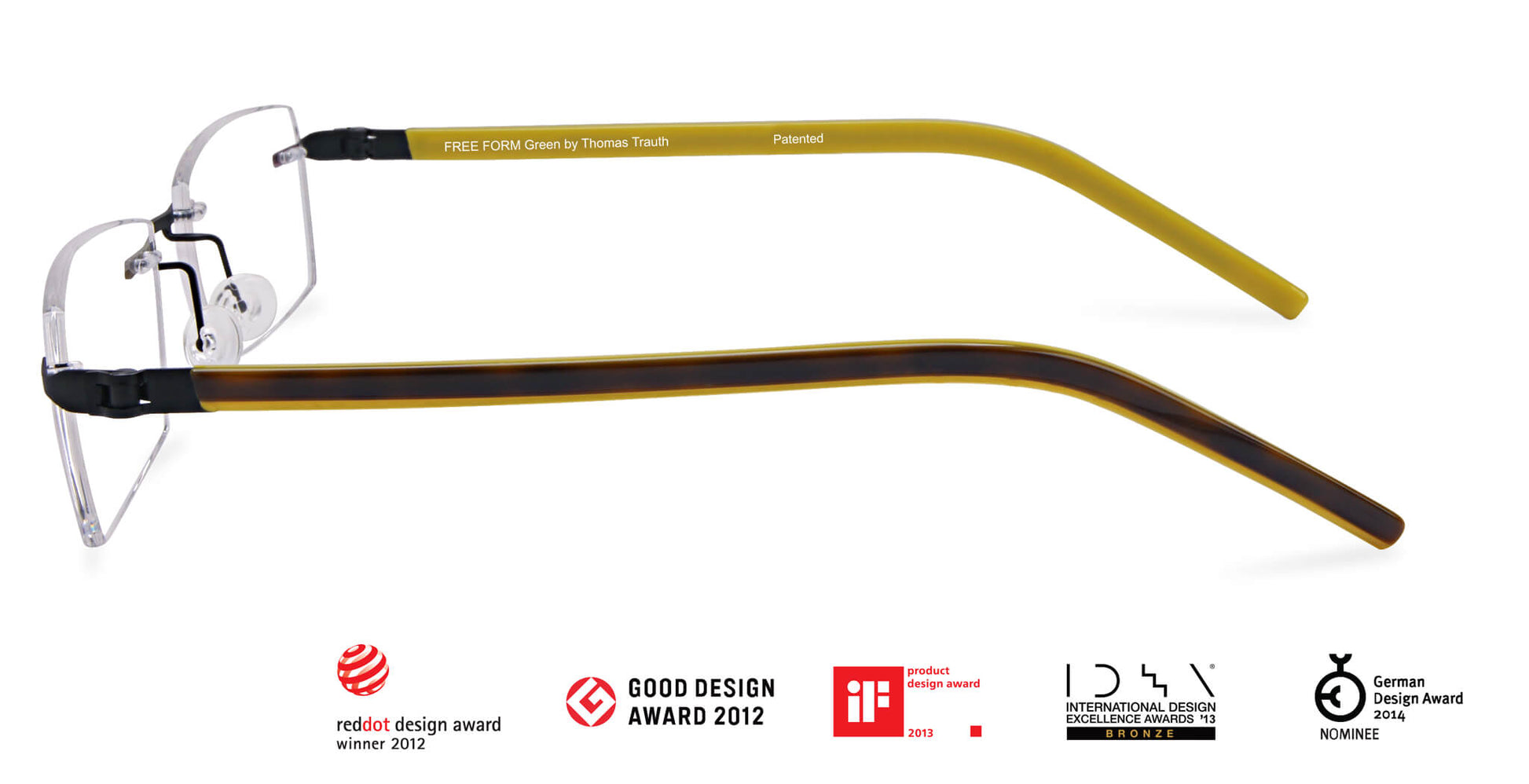 Titanium Glasses GREEN Eyewear Model FFA960 with rimless design and yellow-brown temples, ultra-light 14g German-engineered frame for men and women.