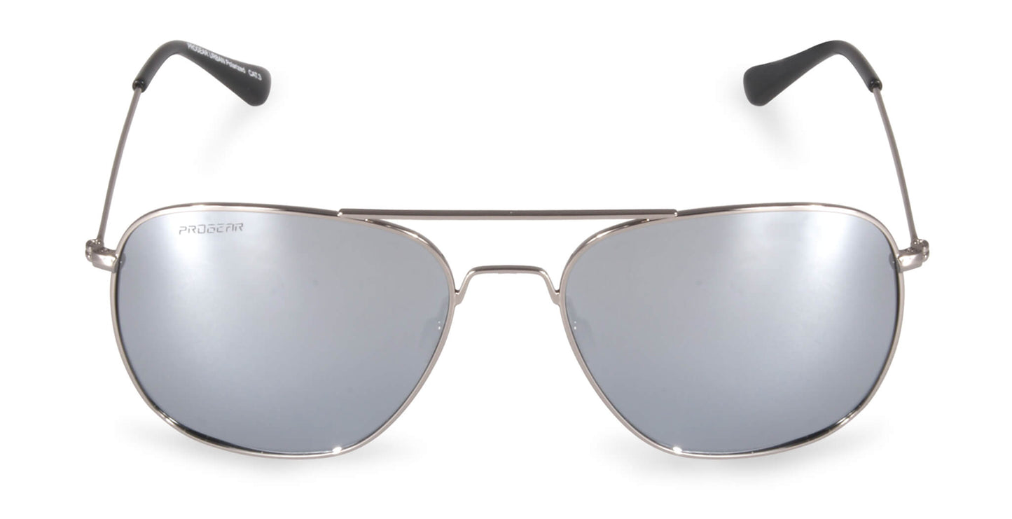 Front view of silver PROGEAR Urban U-1512 sunglasses with mirrored lenses, designed for active lifestyles and clear vision.