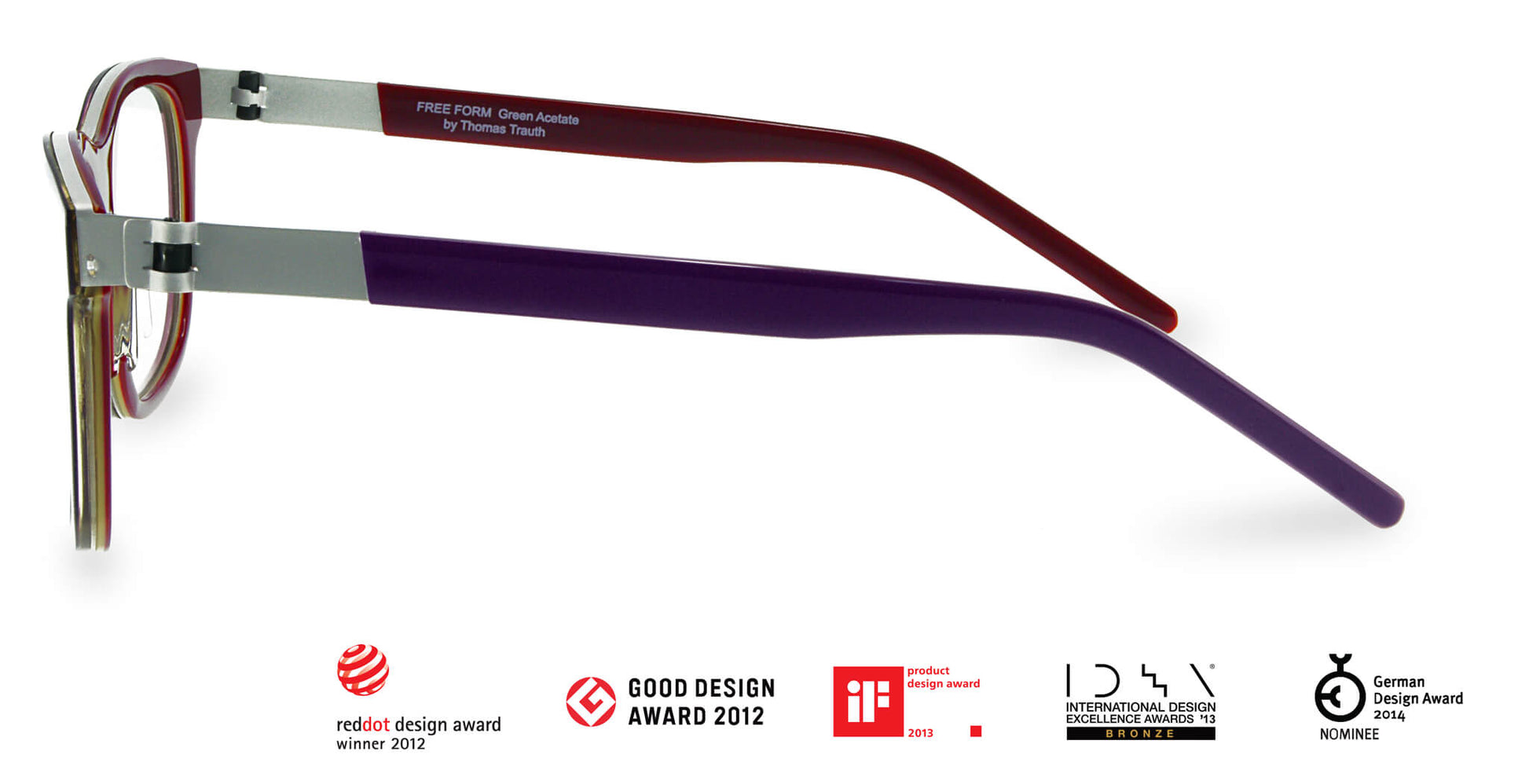 Free Form Eyewear™ Titanium 14g feather-light luxury eyeglasses in green acetate with purple-red temples. German design with screwless hinges.