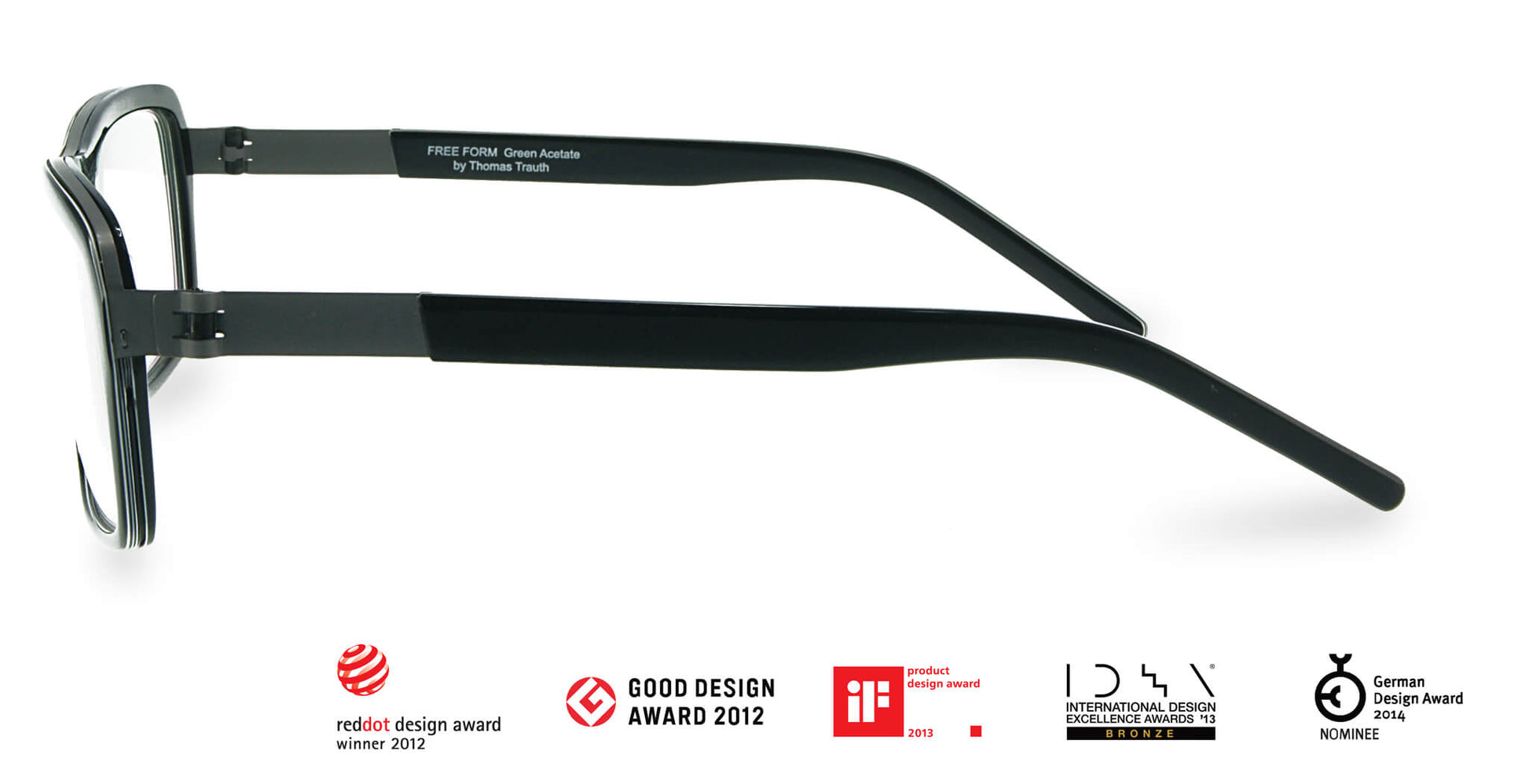 Side view of Free Form Eyewear™ Titanium 14g feather-light eyeglasses model FFA985 in green acetate with black temples, showcasing luxury German design and screwless hinge innovation.