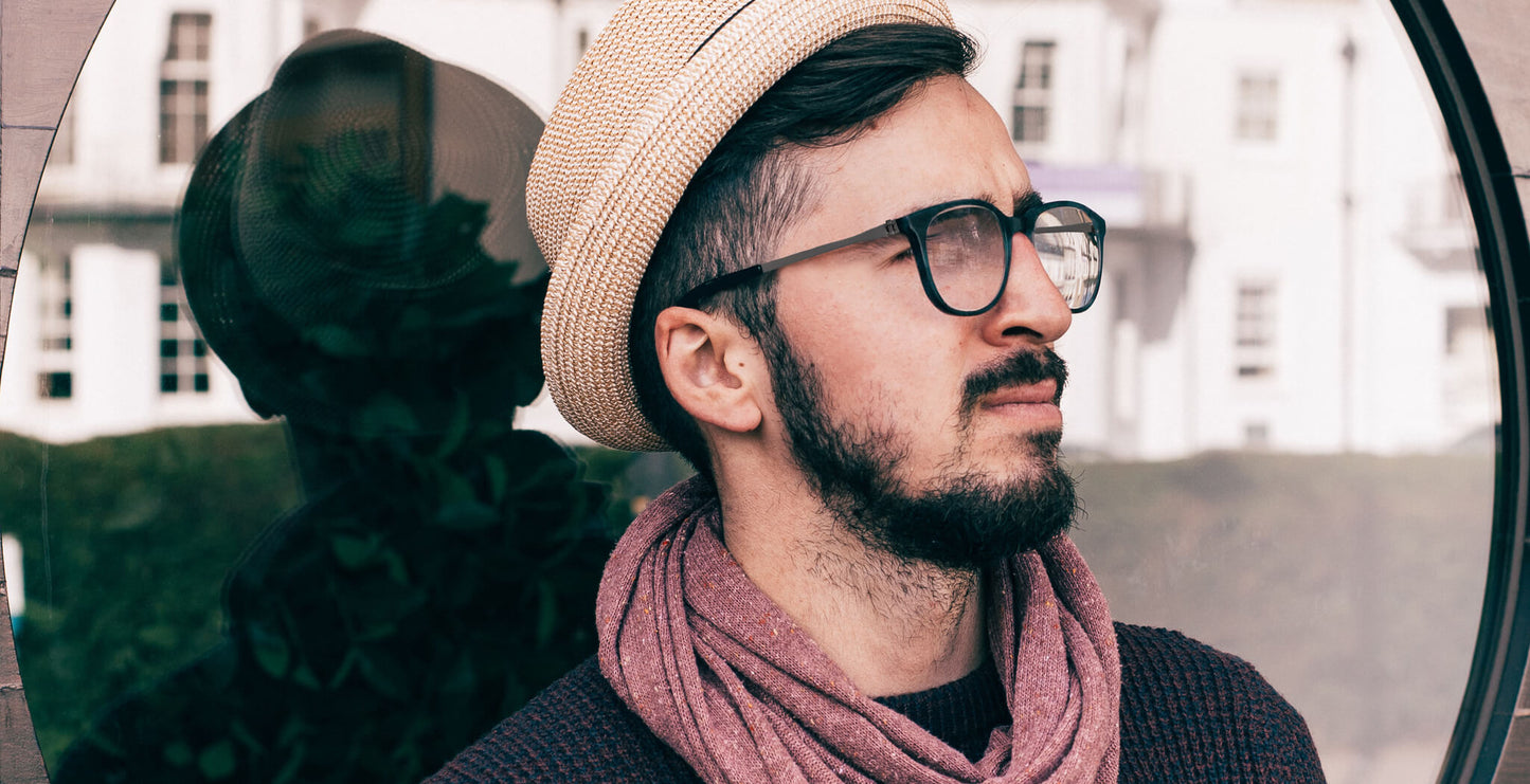 Man wearing Free Form Eyewear™ Titanium 14g feather-light eyeglasses model FFA993 in green full frame. Stylish unisex luxury German design for vision care.