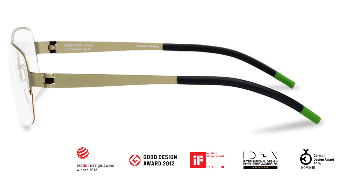 Free Form Eyewear™ Titanium 14g feather-light eyeglasses in green half-frame design with screwless hinges and black-green temple tips. German luxury design ideal for men and women seeking lightweight, durable vision care.