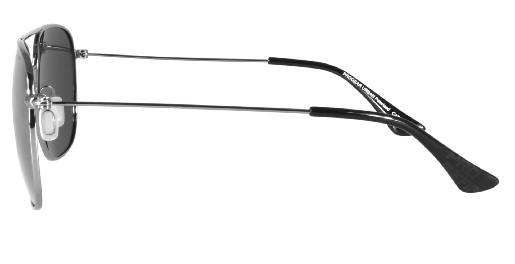 Side view of silver PROGEAR Urban U-1512 sunglasses with slim temples and adjustable nose pads for a secure, comfortable fit.