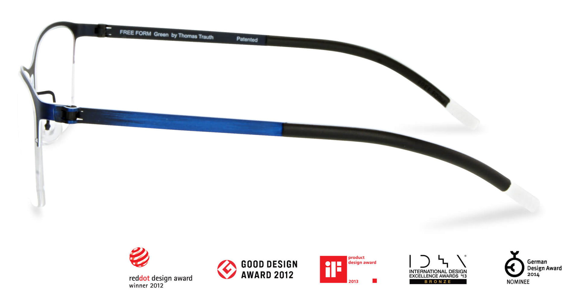 Free Form Eyewear™ Titanium 14g feather-light half frame glasses in green with blue temples, luxury German design for men and women. Lightweight screwless hinge eyeglasses ideal for strong prescriptions and all-day comfort.