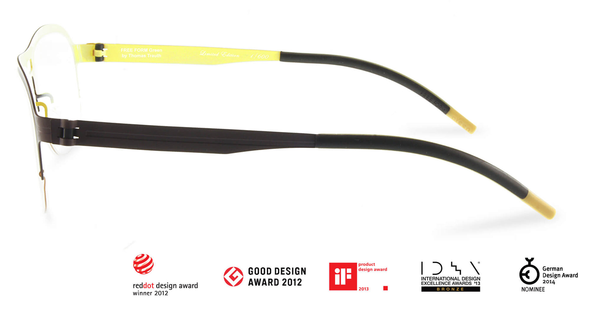 Free Form Eyewear™ Titanium 14g feather-light green half-frame glasses with screwless hinge, luxury German design for men and women. Lightweight titanium eyeglasses ideal for strong prescriptions and all-day comfort.
