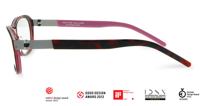 Free Form Eyewear™ Titanium 14g feather-light eyeglasses in green acetate with pink and tortoiseshell arms, luxury German design, full frame style.
