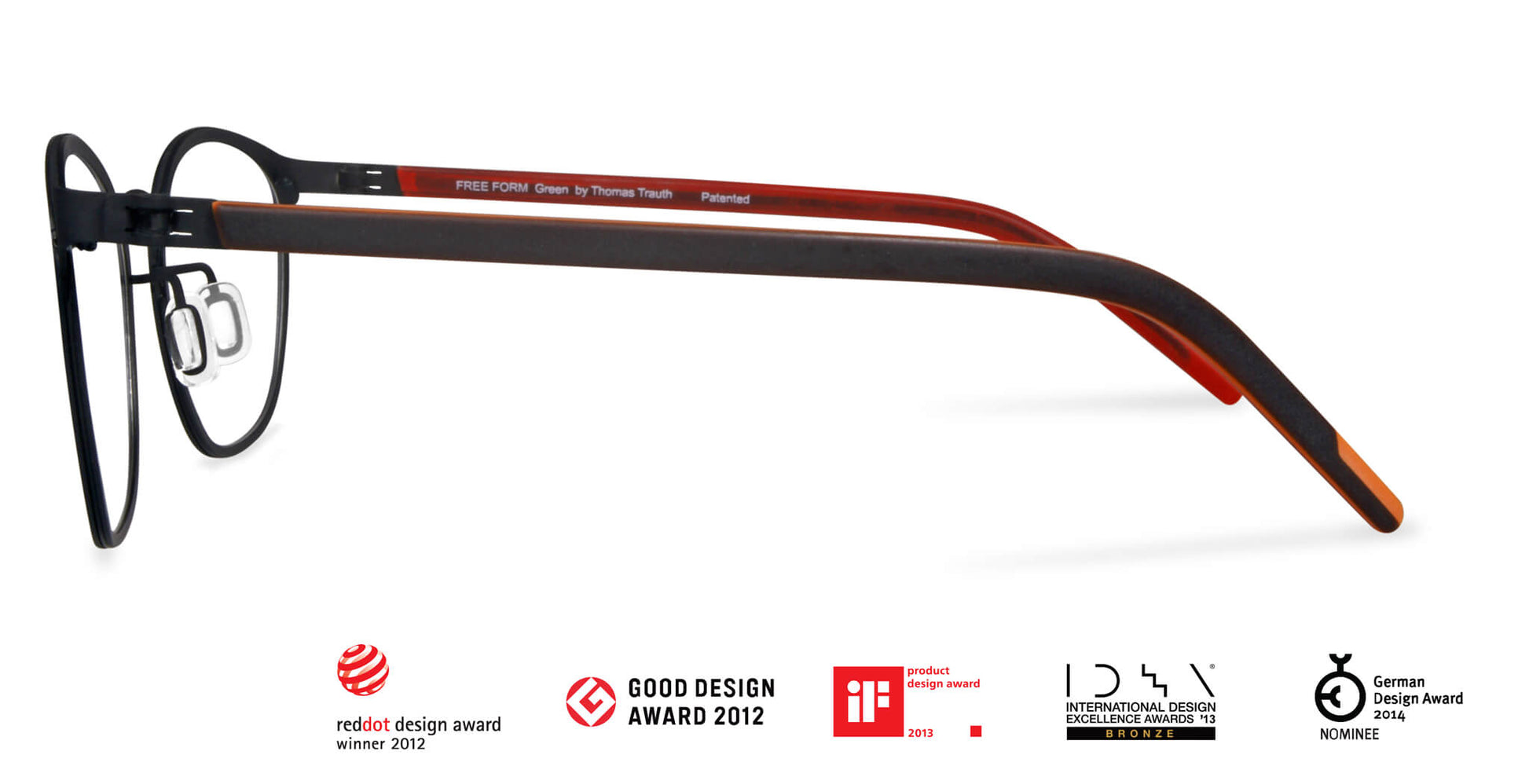 Free Form Eyewear™ Titanium 14g feather-light eyeglasses in green with full frame and screwless hinge, luxury German design for men and women. Award-winning lightweight titanium glasses ideal for blue light protection and strong prescriptions.