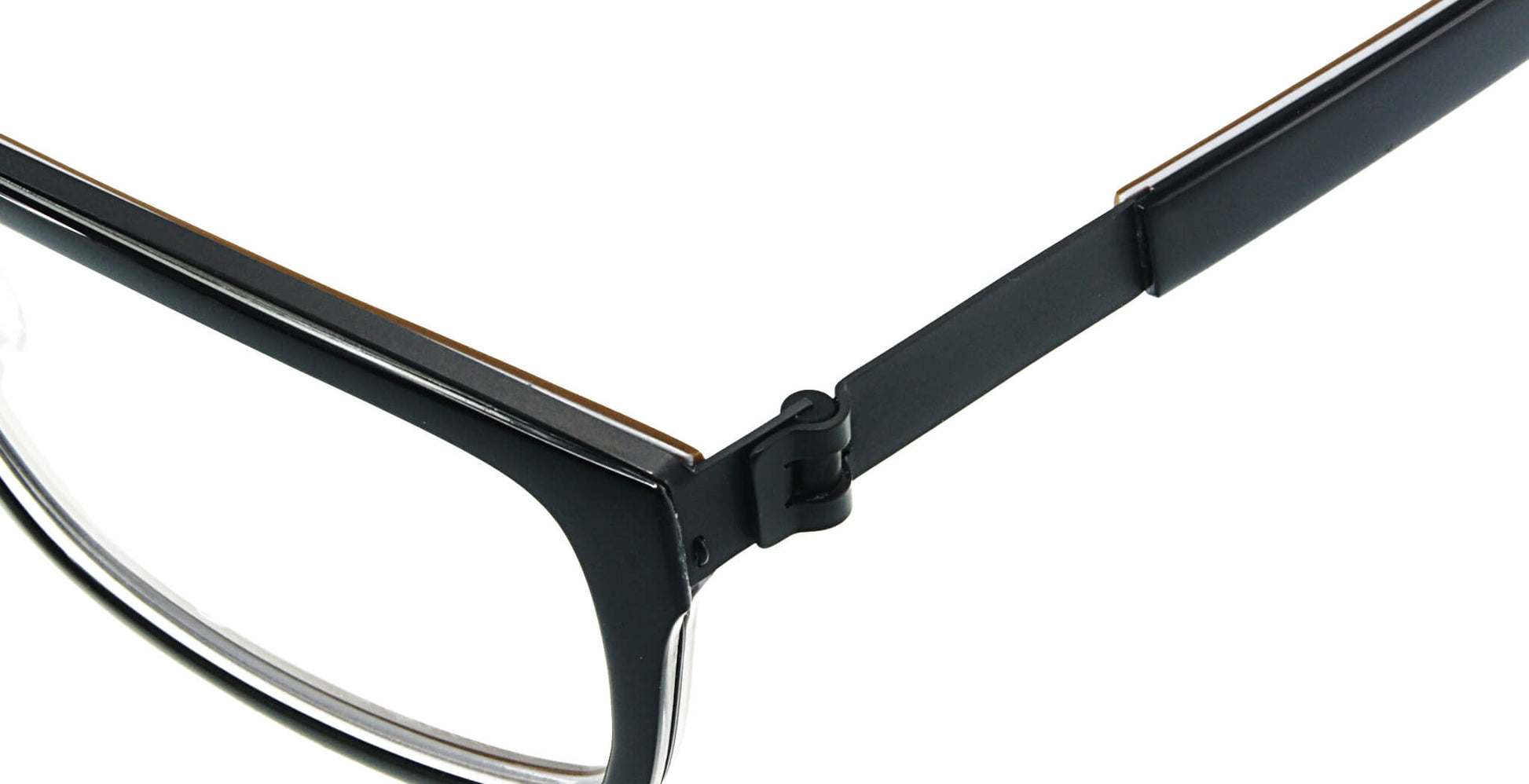 Close-up of Free Form Eyewear™ Model FFA986 titanium eyeglasses hinge in black, showcasing screwless German design for lightweight durability.