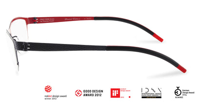 Free Form Eyewear™ Titanium 14g feather-light eyeglasses in green with red arms, half-frame luxury German design, screwless hinge innovation.