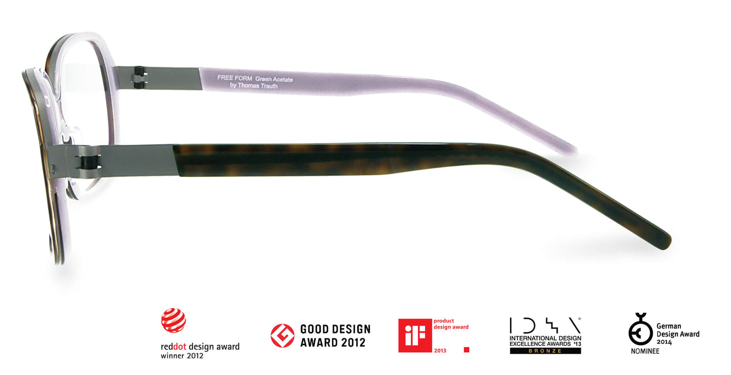 Free Form Eyewear™ Titanium 14g feather-light eyeglasses in green full frame with tortoiseshell arms and lavender inner temples. Luxury German design with screwless hinge innovation.