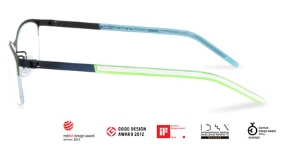 Free Form Eyewear™ Titanium 14g feather-light half frame glasses in green with blue temples, luxury German design for men and women. Lightweight titanium eyeglasses ideal for strong prescriptions and all-day comfort.