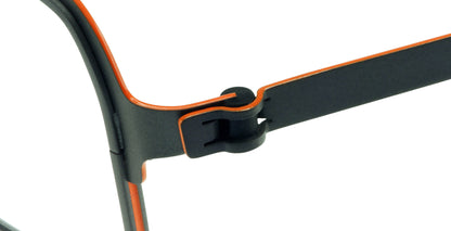 Close-up of Free Form Eyewear™ Titanium FFA924 green eyeglasses hinge with screwless German design in black and orange. Lightweight 14g full frame.