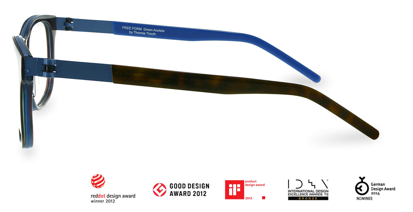 Free Form Eyewear™ Titanium 14g feather-light luxury eyeglasses in green full frame with blue and tortoiseshell temples, German design. Features screwless hinge innovation and award-winning craftsmanship for men and women.