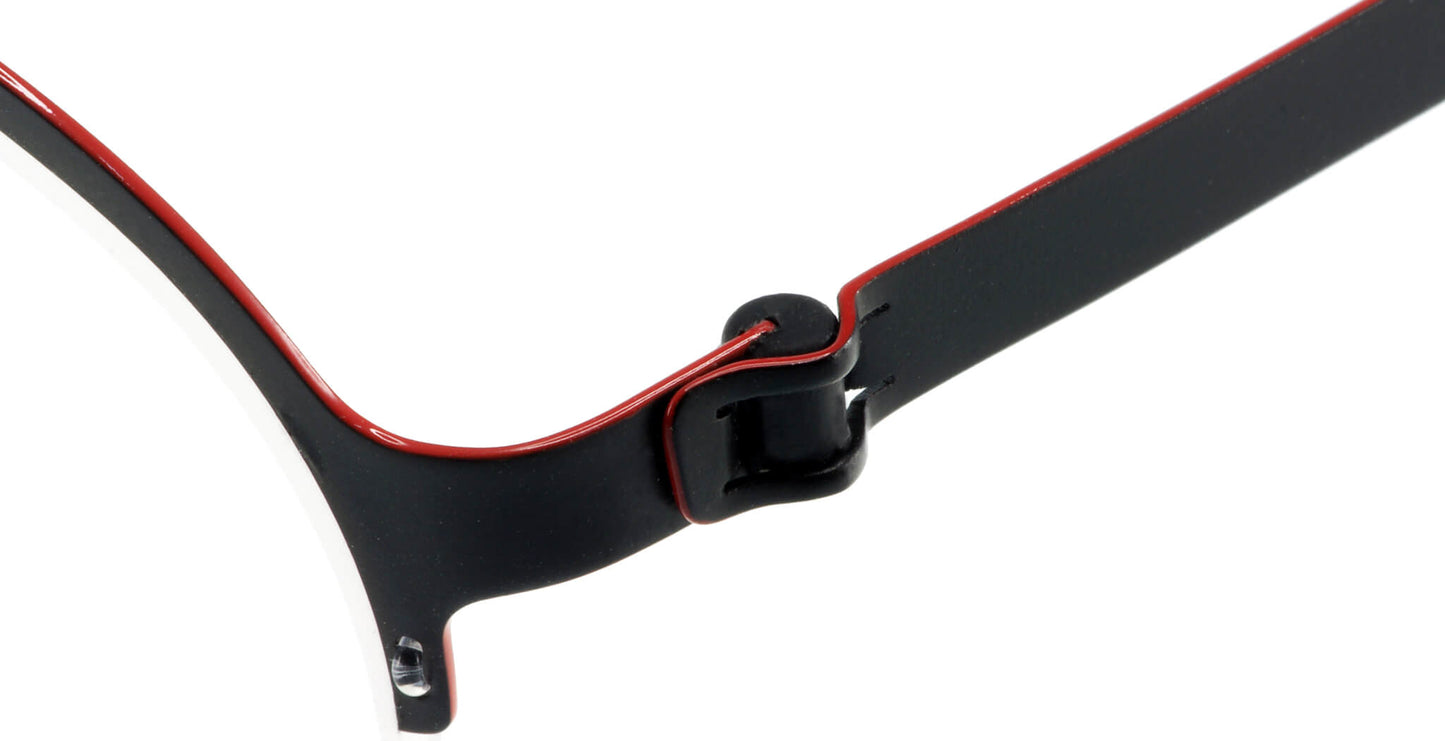 Close-up of Free Form Eyewear™ FFA915 titanium eyeglasses hinge in black with red trim, showcasing screwless German-engineered design.
