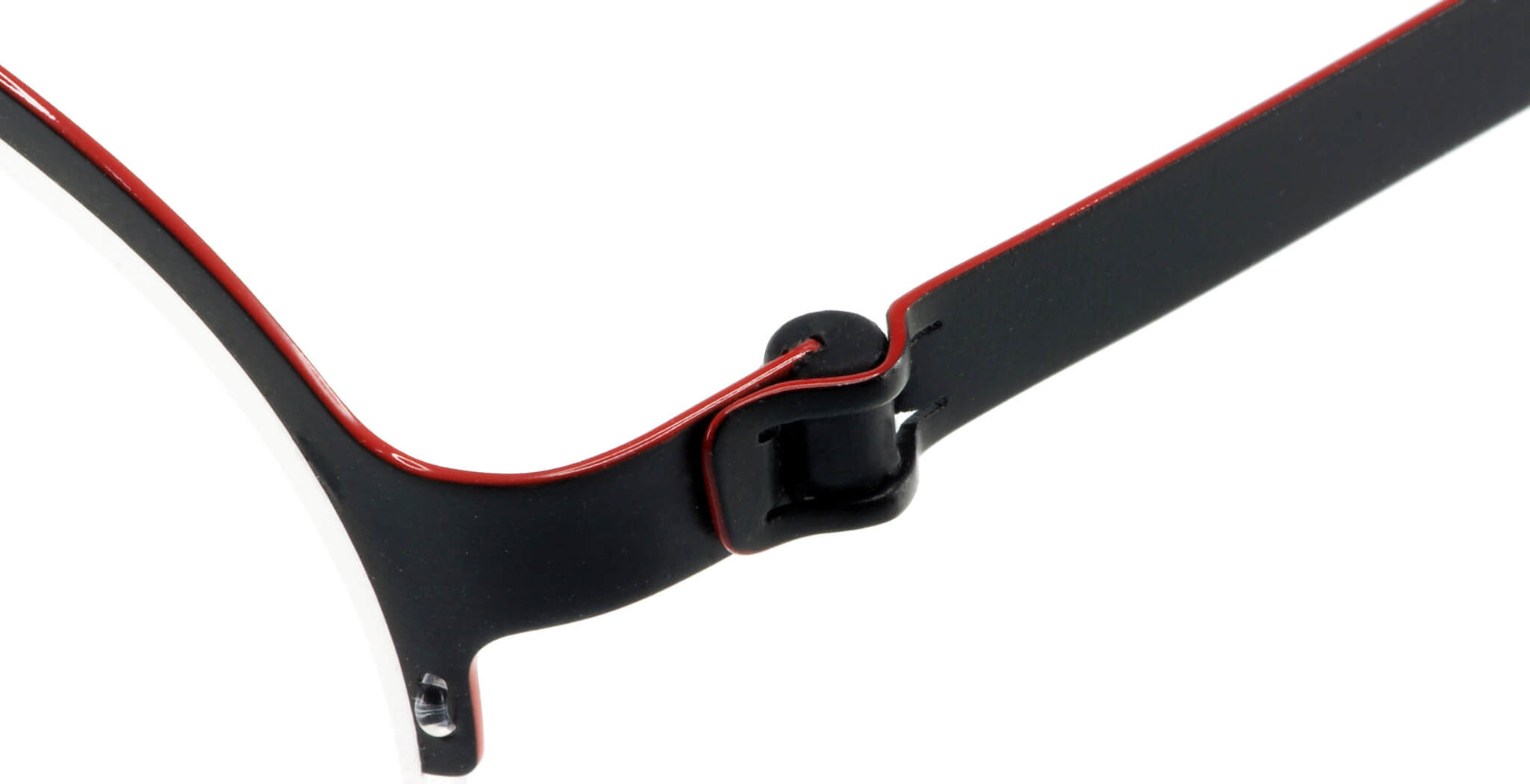 Close-up of Free Form Eyewear™ FFA915 titanium eyeglasses hinge in black with red trim, showcasing screwless German-engineered design.