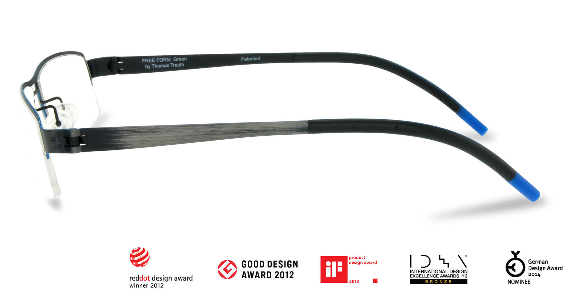 Free Form Eyewear™ Titanium 14g feather-light half-frame eyeglasses in green with blue temple tips, luxury German design for men and women. Award-winning lightweight titanium glasses ideal for strong prescriptions and all-day comfort.