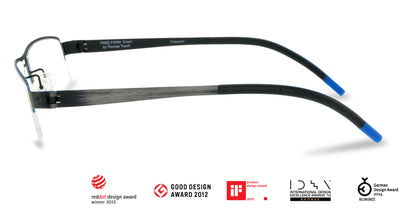 Free Form Eyewear™ Titanium 14g feather-light half-frame eyeglasses in green with blue temple tips, luxury German design for men and women. Award-winning lightweight titanium glasses ideal for strong prescriptions and all-day comfort.