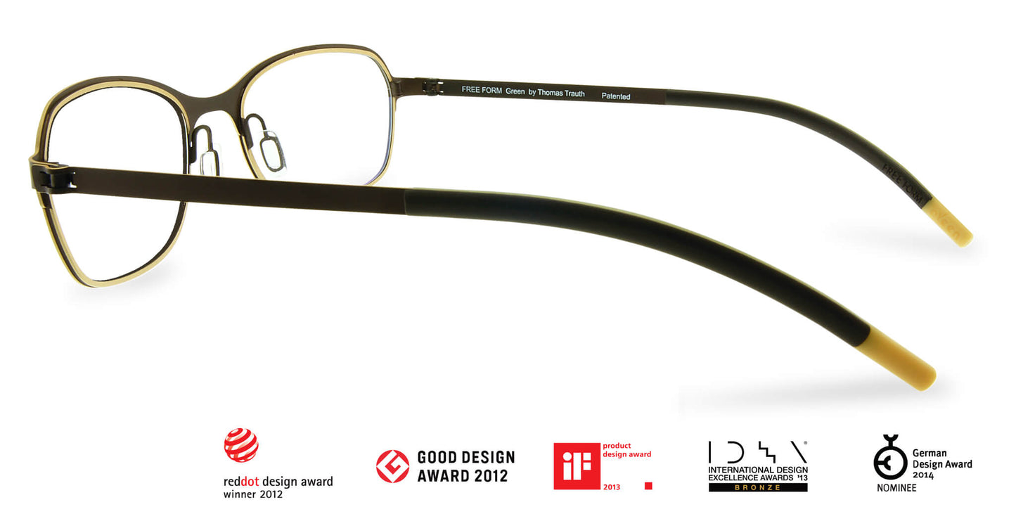 Free Form Eyewear™ Titanium 14g feather-light green full frame glasses with screwless hinges, luxury German design for men and women. Award-winning lightweight titanium eyeglasses ideal for strong prescriptions and all-day comfort.